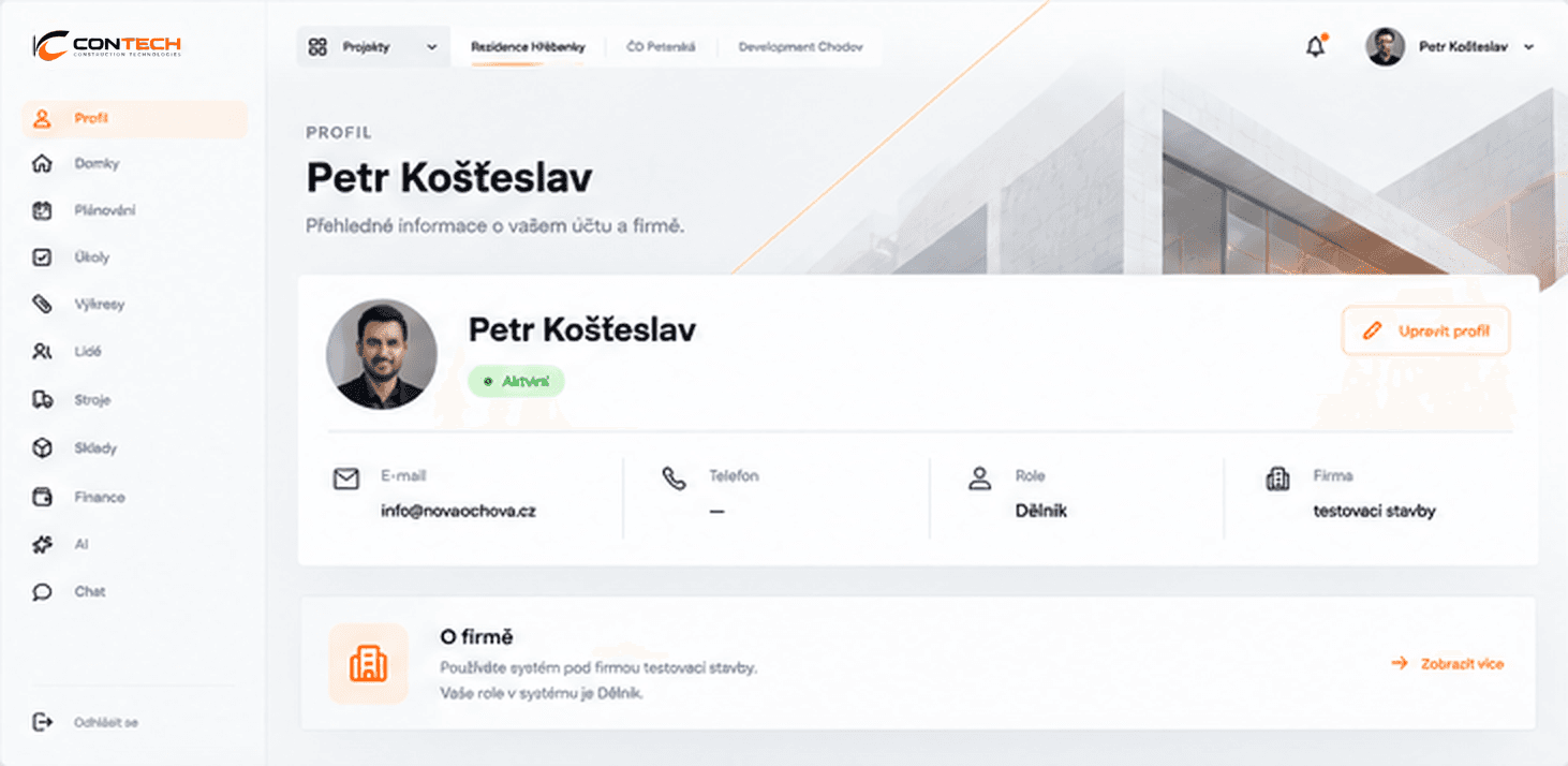 Profil v aplikaci ConTech