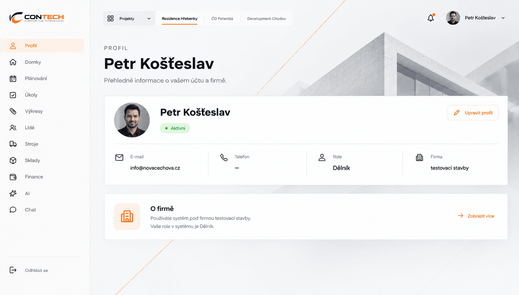 Profil v aplikaci ConTech